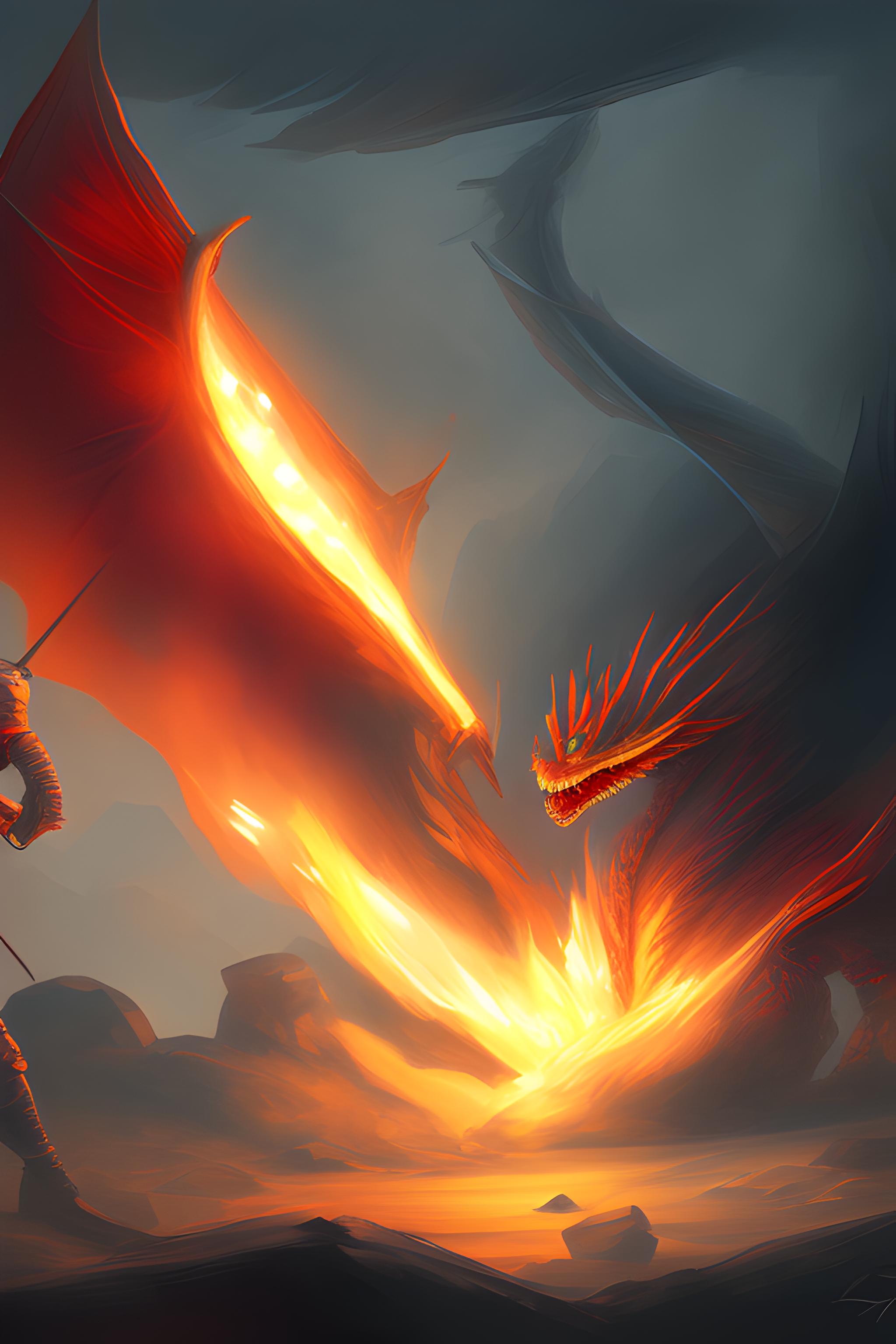 Chevalier en combat a droite contre un dragon a gauche noir crachant du feu noir sur fond de chateau